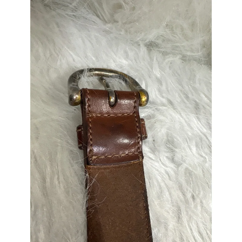 Eddie Bauer Brown Leather Belt Made in USA Rugged Silver Buckle 26-34 Inch